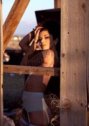 Attractive lassie in stockings flaunts small tits and furthermore trimmed pussy outdoors