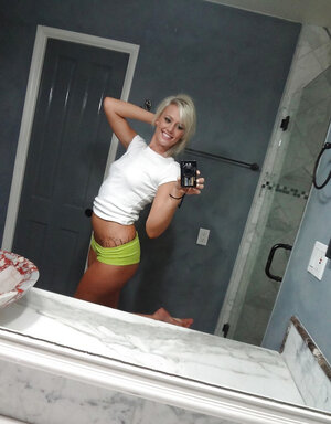 Towheaded colleen slips her panties whilst posing and plus taking selfies