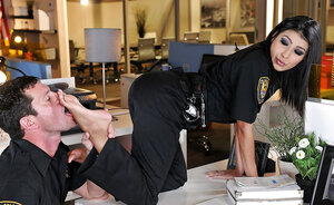 Kinky brunette policewoman seduces her colleague with hot feet make love in the office