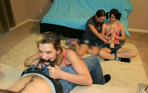 Shy legal teens with pigtails attempt to take on a hefty dildo and fuck pole