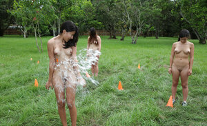 Lesbians with flawless natural titties adore the outdoor scenery nude