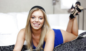 Blonde first-timer Trisha Parks has fun modeling non-nude in onesie & hat