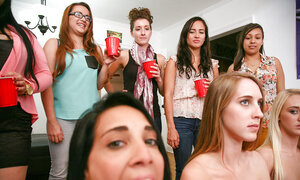 Erotically attractive coed has a pbumionate threesome with big bum lesbians