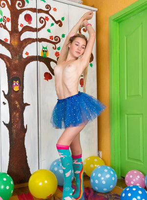 Tiffany unclothes amid balloons after showing her no-panty upskirt