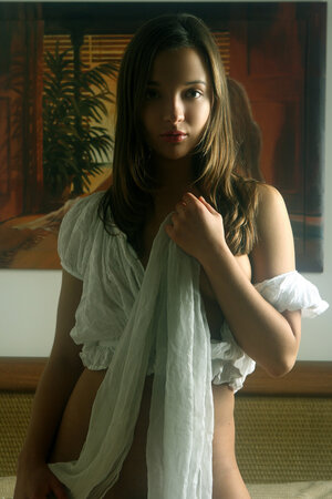 Marvelous brunette bares her medium titties and bald cunt