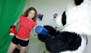 Panda with a hard purple rod is going to screw a naughty chick
