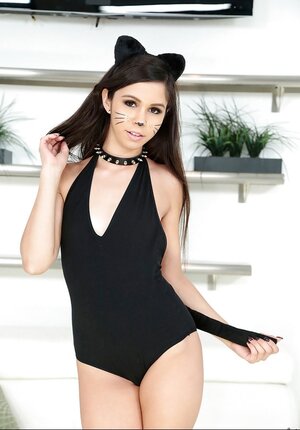 Nasty woman with kitty ears and tail frolics on her own exposing rear