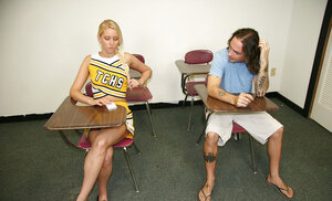 Cheerleader girl Vanessa Cage jerks this creep off
