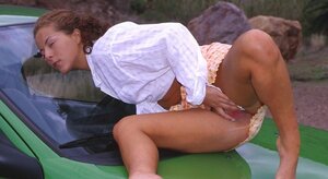 Adorable legal teen demonstrates round tooshie and plus beautiful cunny inside green car