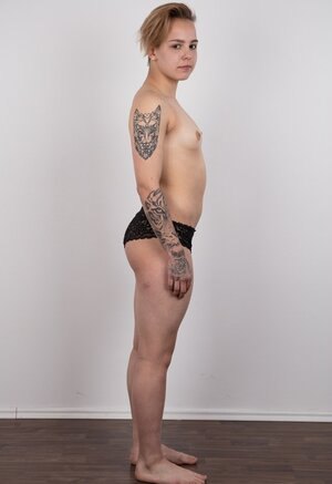 Youthful woman with undersized good boobies and boyish figure doesn't shy to get naked