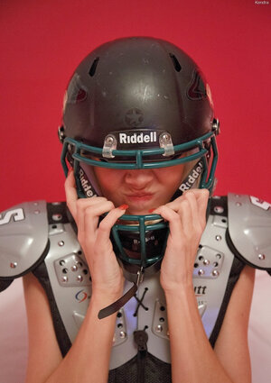 Hot big-breasted football fan takes pink top and plus plus panties off and plus plus wears uniform