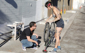 Crusher promises brunette with tattoos to fix the bike and also makes love her instead