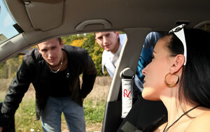 Brunette in skimpy dress picks up a duo dudes and furthermore takes them home for a cup of tea