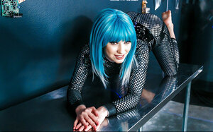 Excellent porno actress cosplays wearing blue wig and also bizarre fishnet outfit